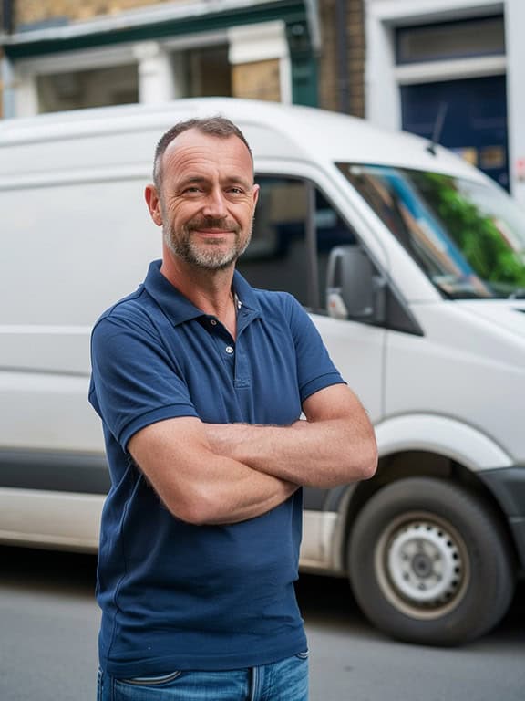 man wearing blue polo shirt smiling while arms crossed with white van on his background