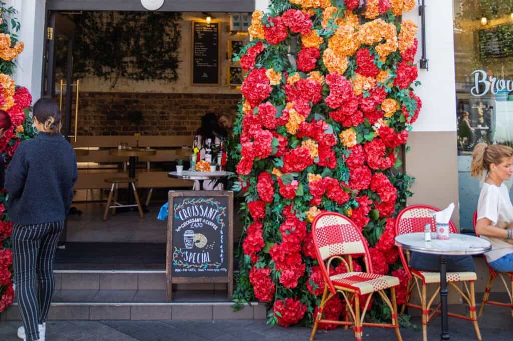 British cafe with colourful flowers