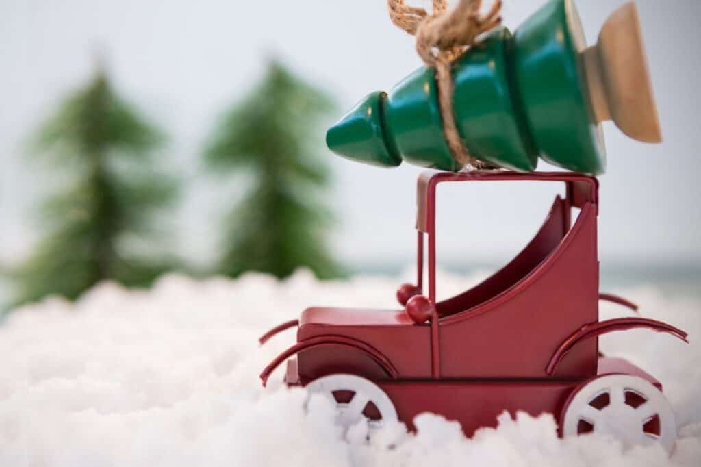 Christmas decor with fake snow made from styrofoam.