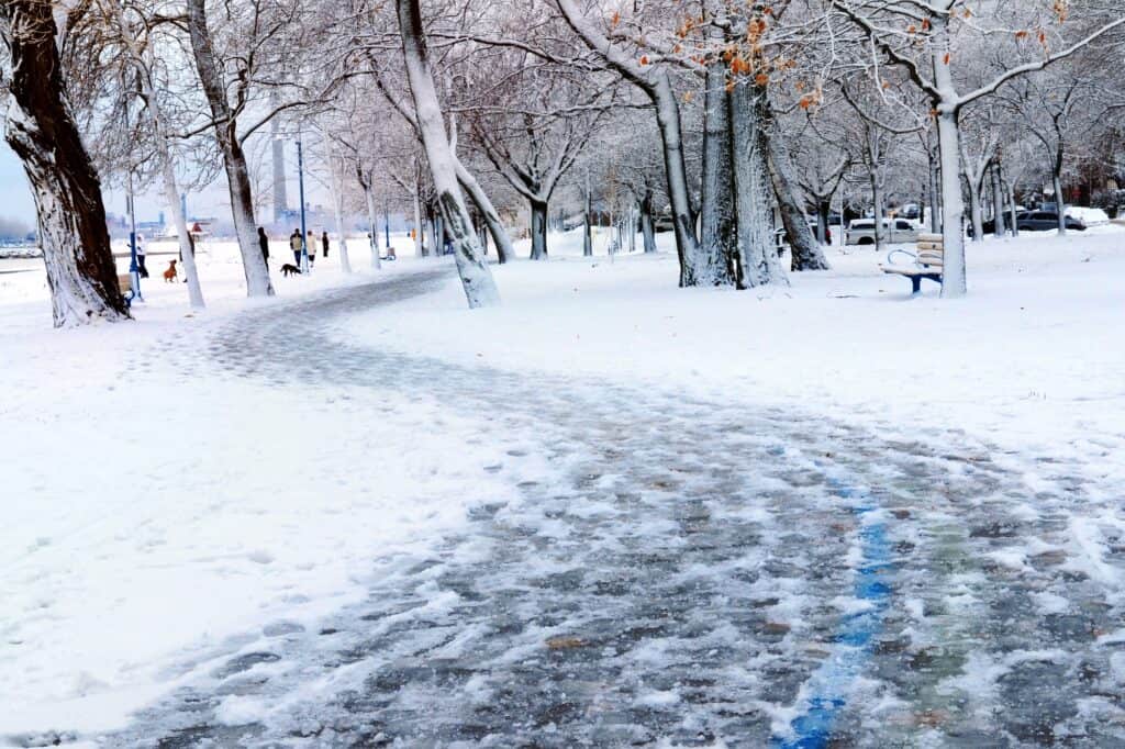 People at the park's walking trail on winter