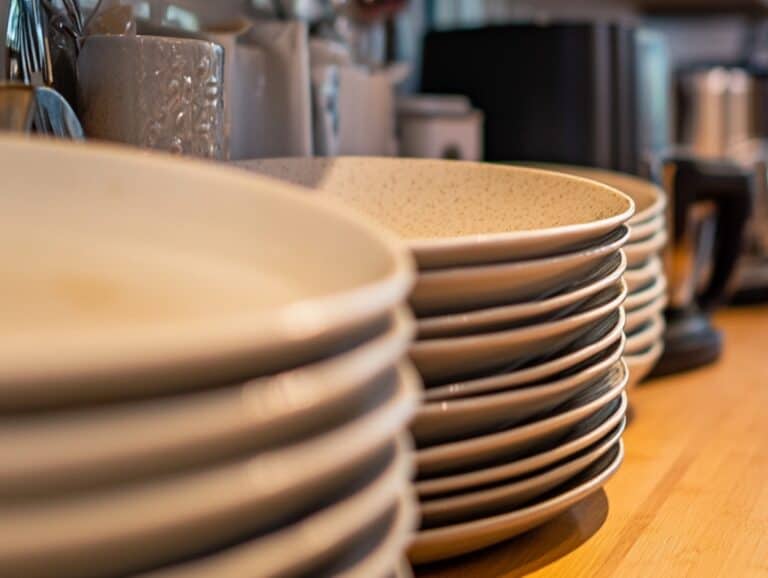 Side-angle shot of stacks of ceramic plates in the kitchen in the concept of 'How to Pack Fragile Items for Moving to East London'.