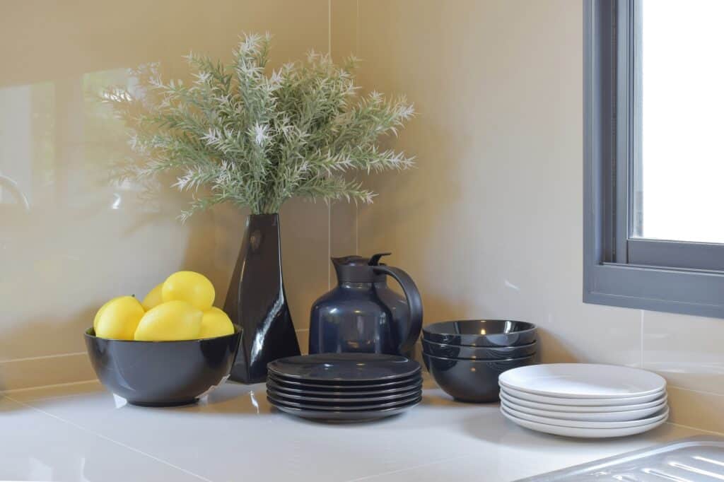A corner of the pantry with clean and fragile dishes