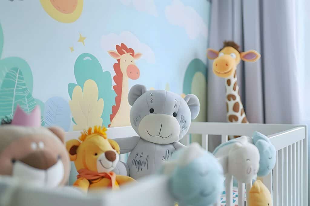 Cropped image of a nursery with stuffed animals and baby cot